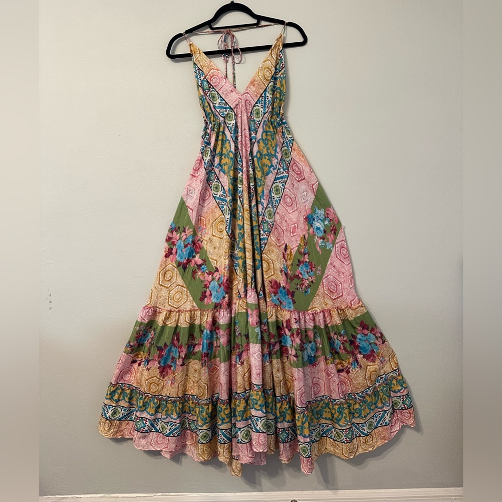 Boho Floral Patchwork Maxi Dress in Pink & Green